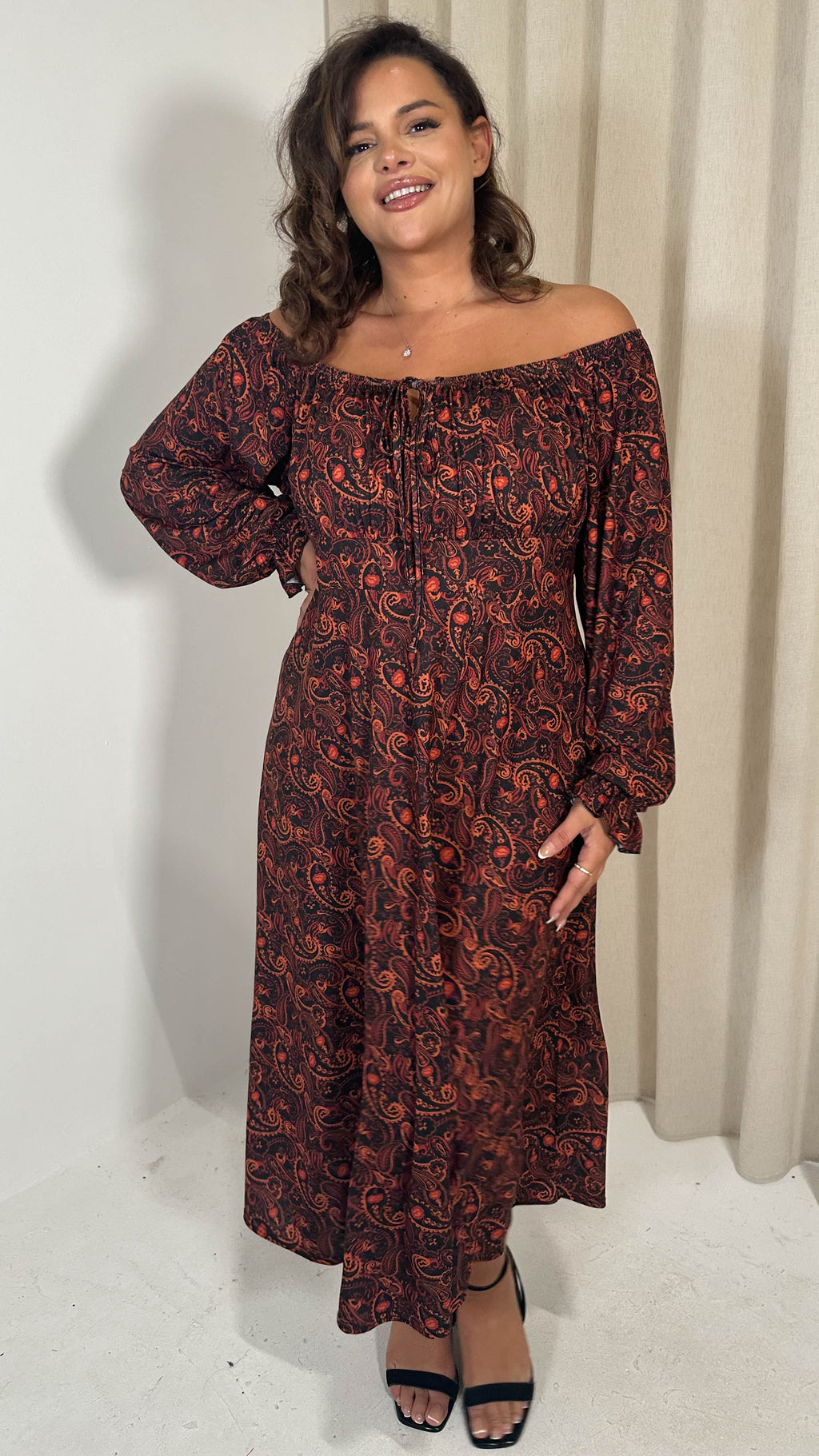 CurveWow Milkmaid Balloon Sleeve Midi Dress Rust Paisley