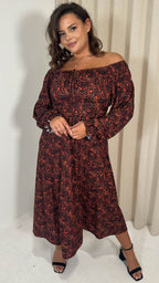 CurveWow Milkmaid Balloon Sleeve Midi Dress Rust Paisley