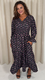 CurveWow Wrap Shirred Waist Printed Midi Dress Black Ditsy