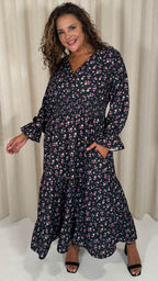 CurveWow Wrap Shirred Waist Printed Midi Dress Black Ditsy
