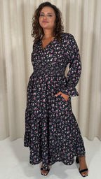 CurveWow Wrap Shirred Waist Printed Midi Dress Black Ditsy
