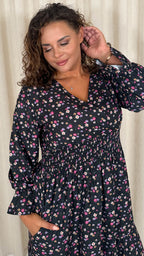 CurveWow Wrap Shirred Waist Printed Midi Dress Black Ditsy