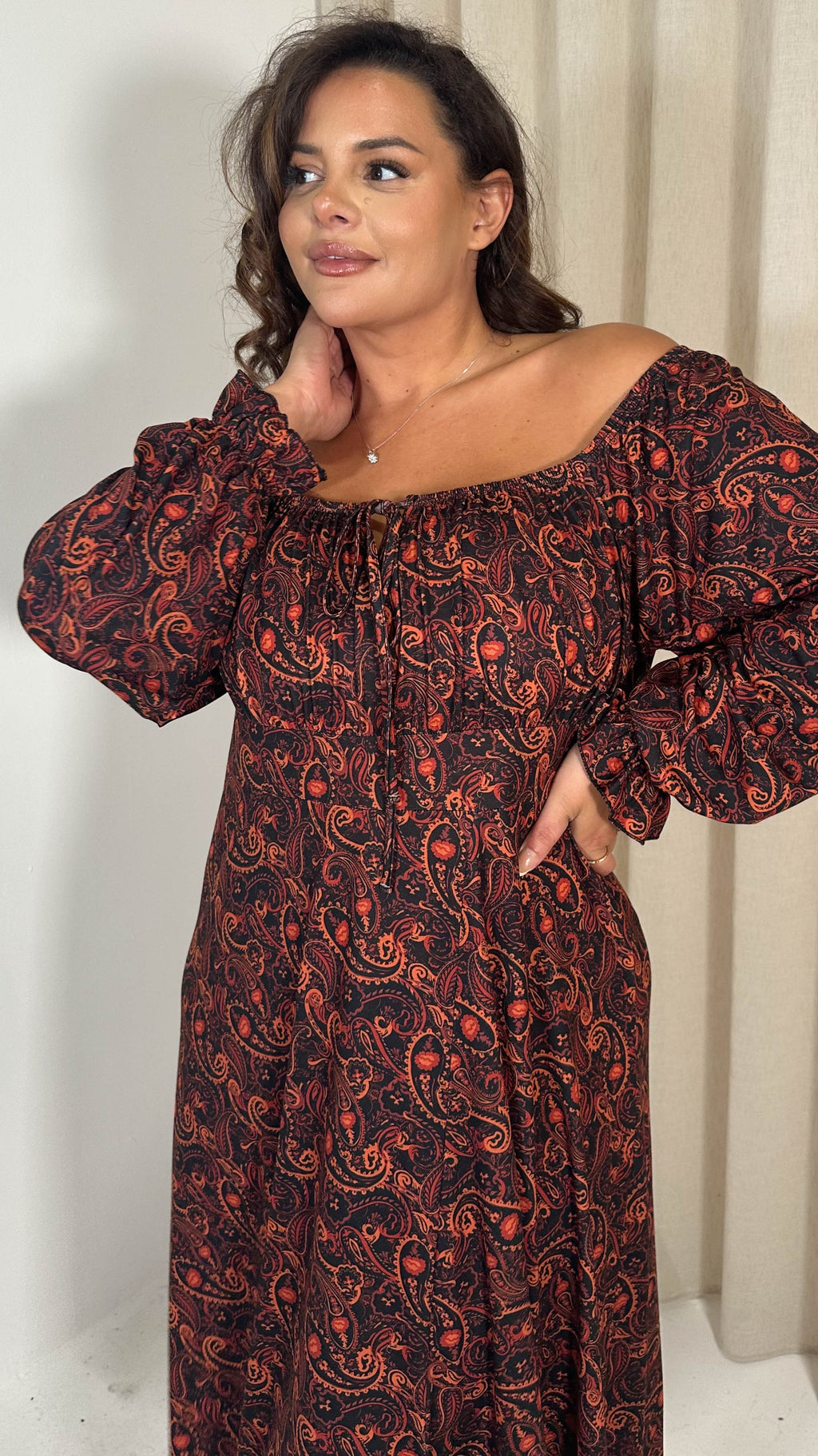 CurveWow Milkmaid Balloon Sleeve Midi Dress Rust Paisley