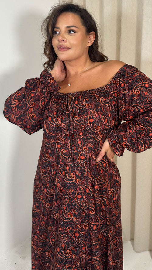 CurveWow Milkmaid Balloon Sleeve Midi Dress Rust Paisley