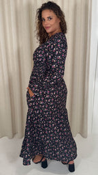 CurveWow Wrap Shirred Waist Printed Midi Dress Black Ditsy
