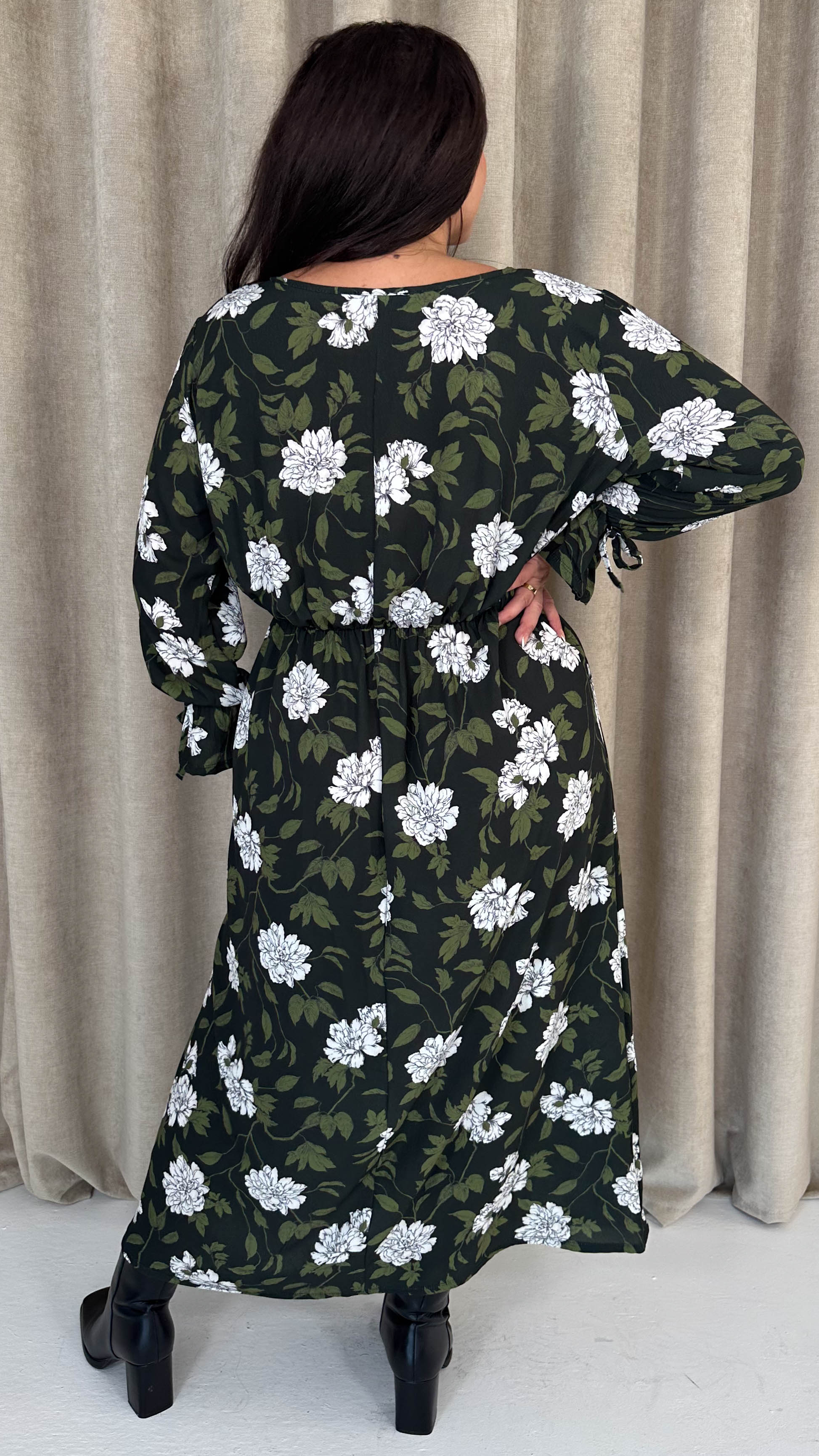 CurveWow Tie Cuff Midaxi Dress Black Floral