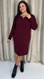 CurveWow Collar Rib Knitted Jumper Dress Wine