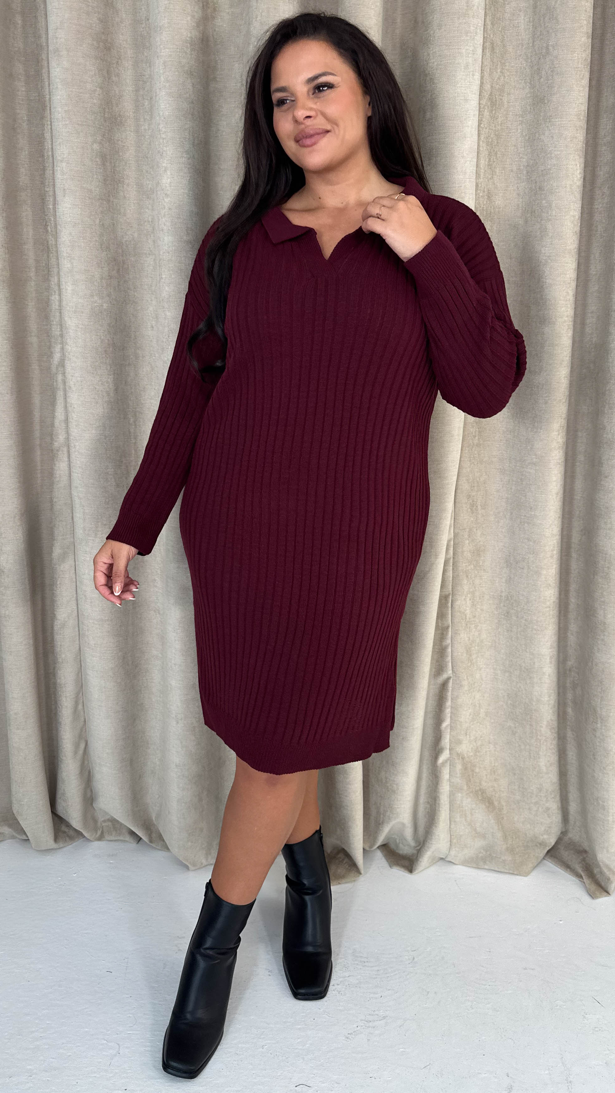 CurveWow Collar Rib Knitted Jumper Dress Wine