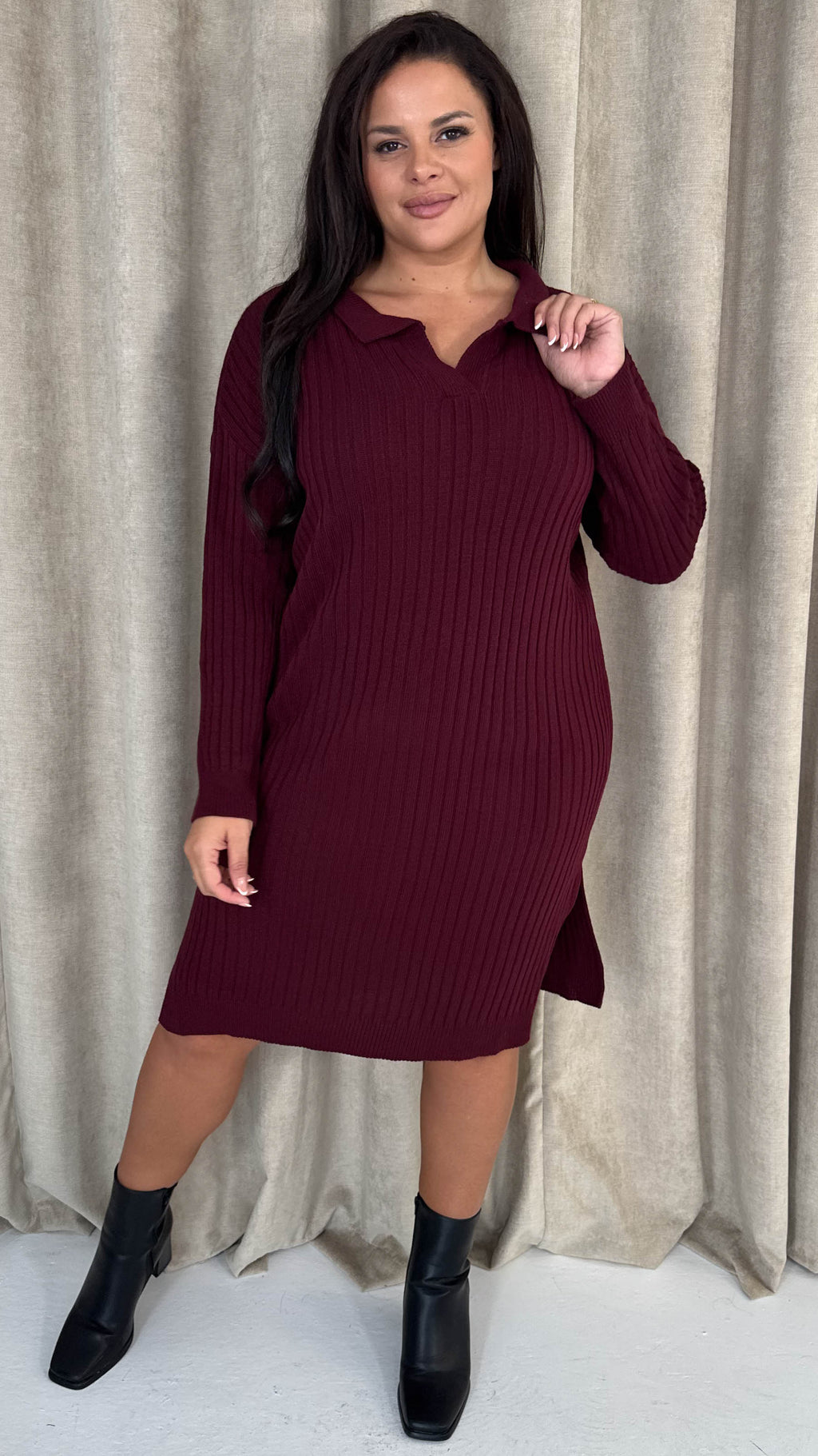 CurveWow Collar Rib Knitted Jumper Dress Wine