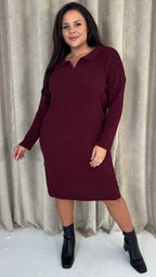 CurveWow Collar Rib Knitted Jumper Dress Wine
