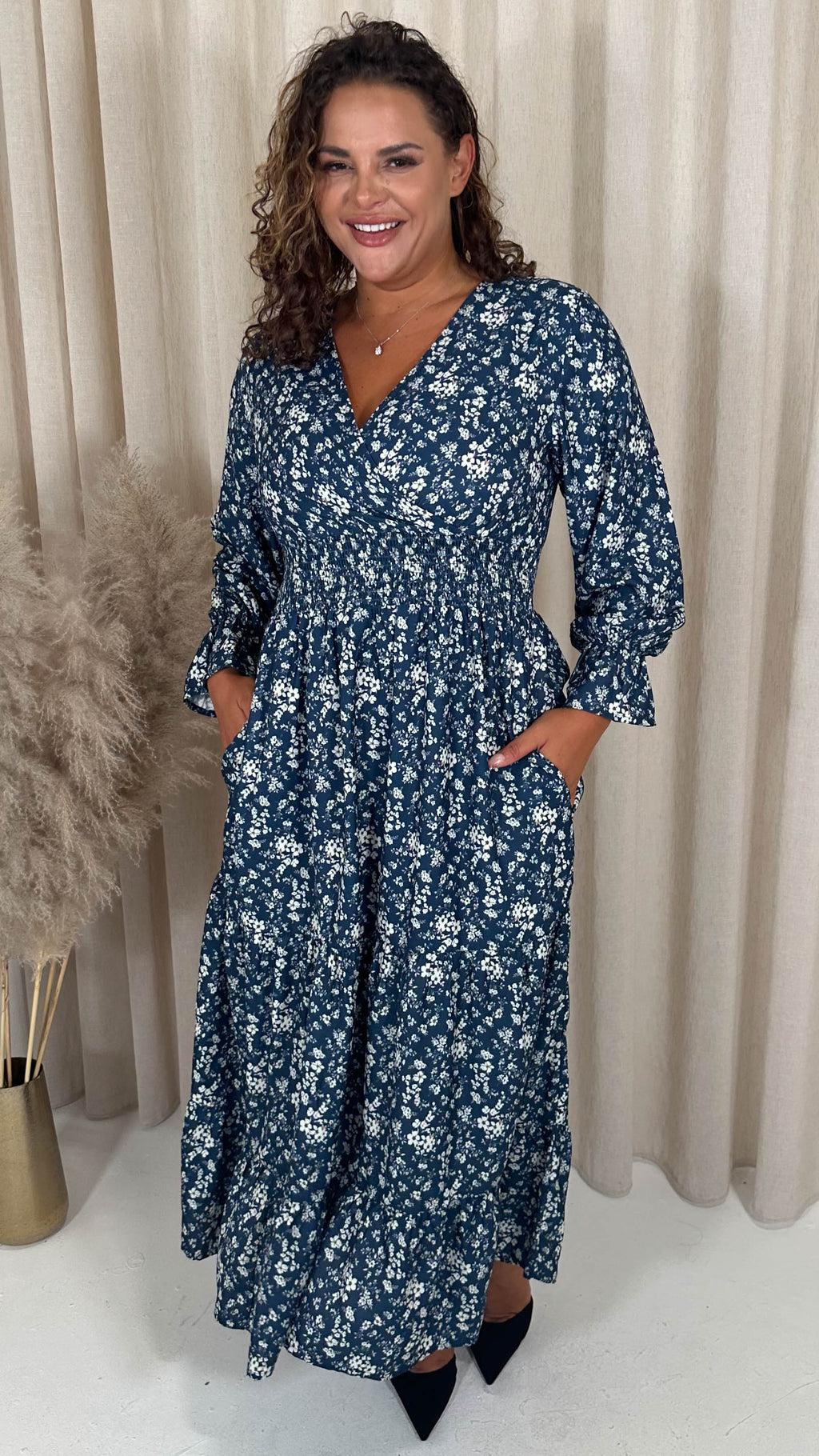 CurveWow Wrap Shirred Waist Printed Dress Navy Floral