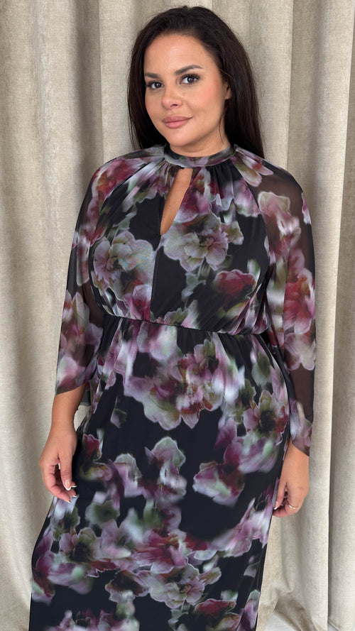 CurveWow Keyhole Mesh Dress Black Floral