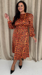 CurveWow Satin Tie Waist Midi Dress Orange Leopard