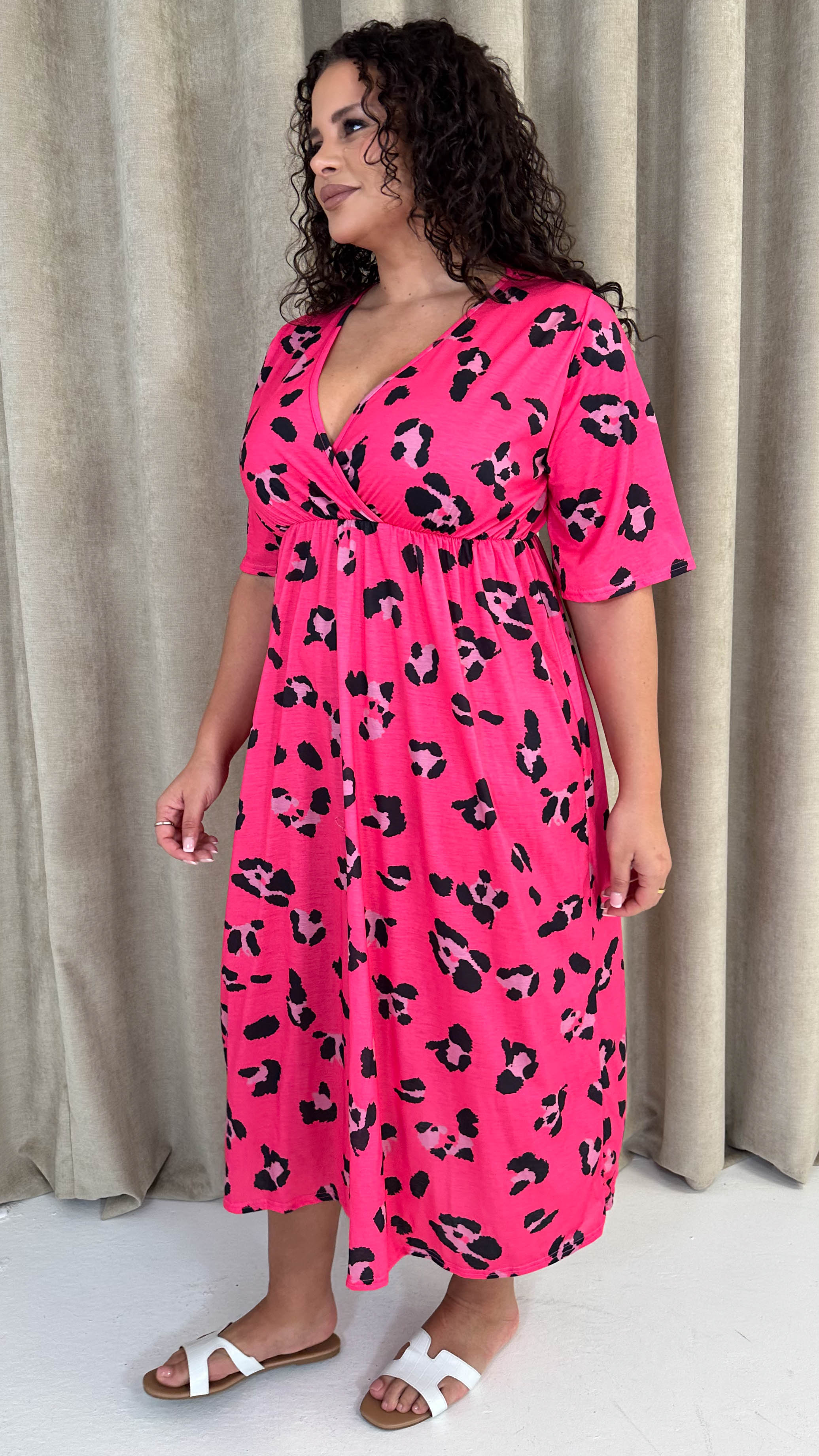 CurveWow Wrap Midi Dress Bright Pink Leopard