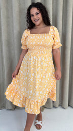 CurveWow Square Neck Shirred Midi Dress Yellow Floral
