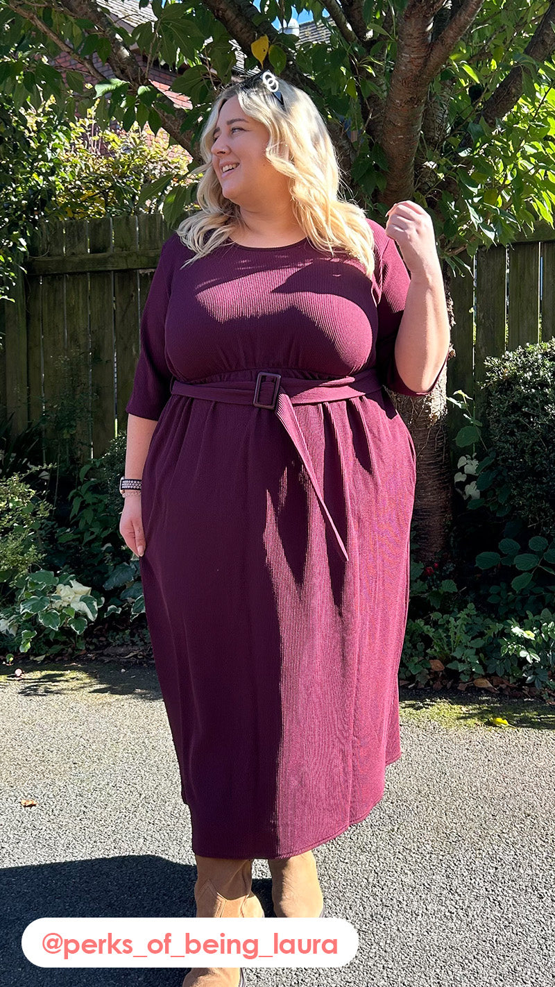CurveWow Textured Elbow Sleeve Belted Pocket Midi Dress Wine
