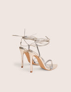 Merlot Mirror Silver Pu Lace Up Wrap Around Pointed Toe Stiletto Heels