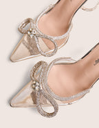 Midnight Clear Perspex Wrap Around Diamante Bow Pointed Toe High Heels