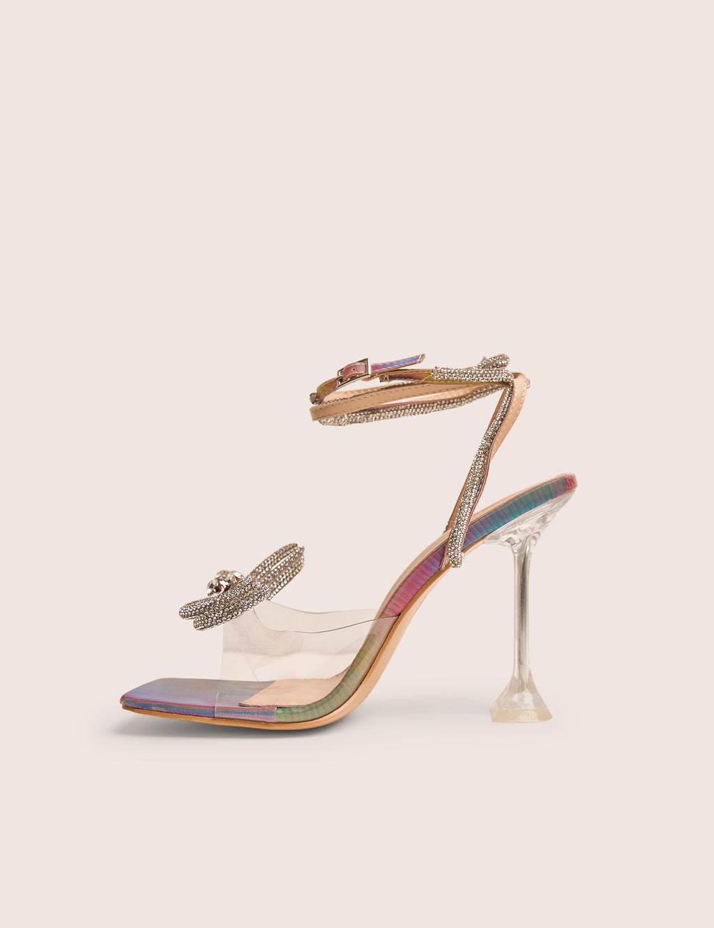 Glimmer Multi Holographic Wrap Around Diamante Bow Square Toe Heels