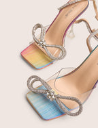Glimmer Multi Holographic Wrap Around Diamante Bow Square Toe Heels