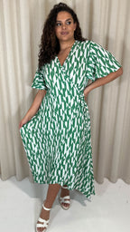 CurveWow Angel Sleeve Wrap Dress Green/White Geo