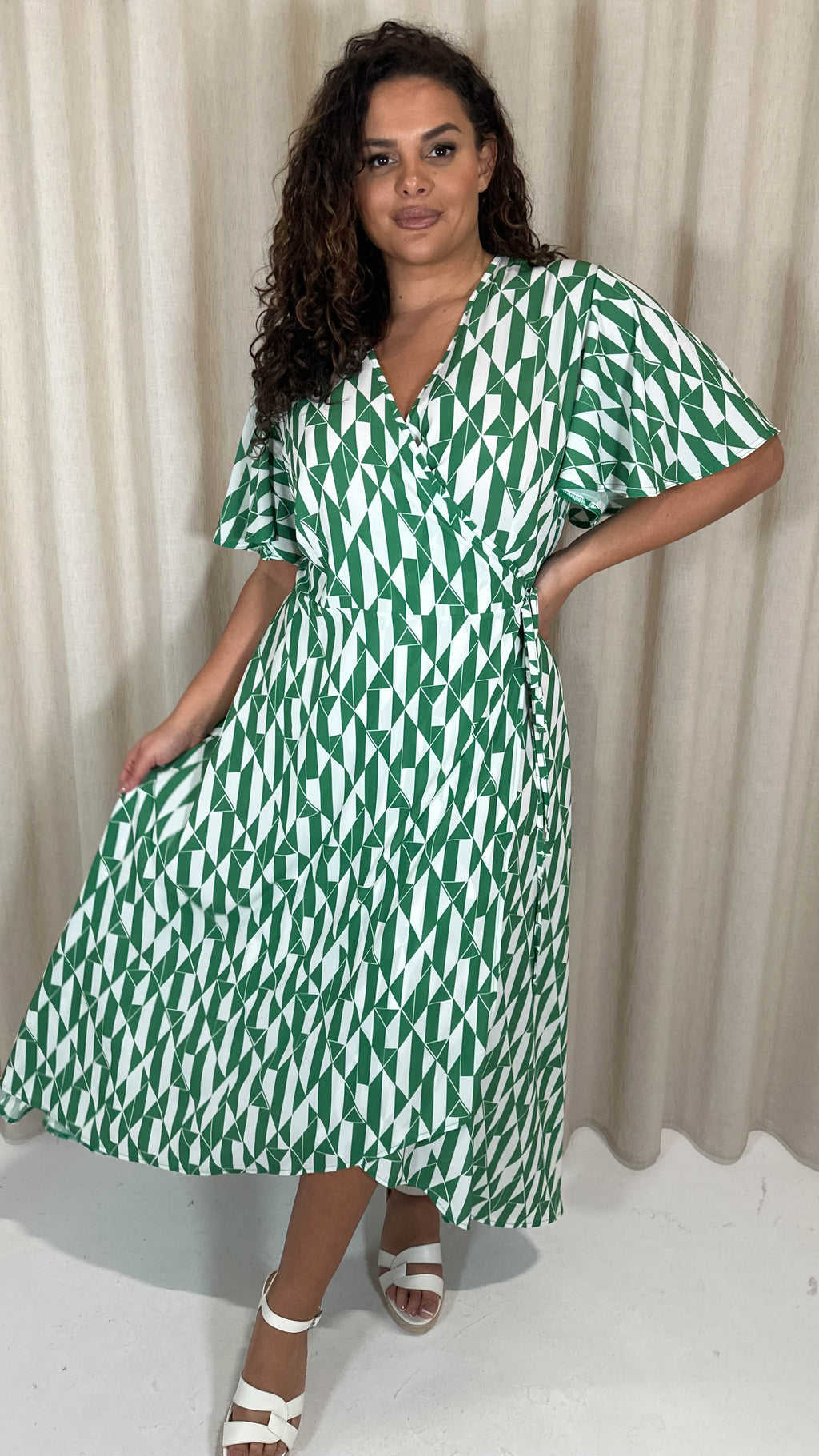 CurveWow Angel Sleeve Wrap Dress Green/White Geo