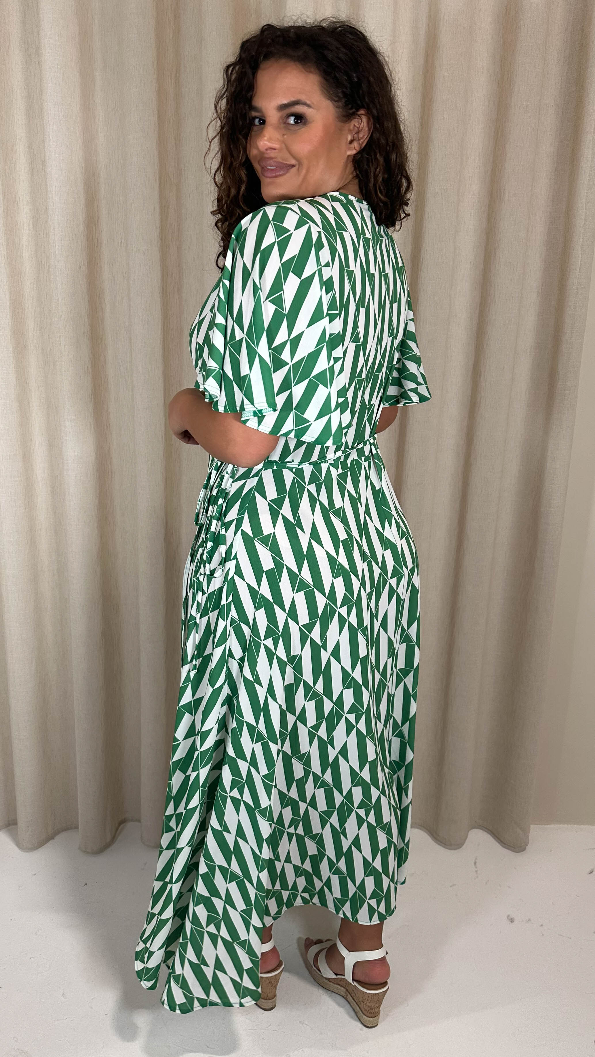 CurveWow Angel Sleeve Wrap Dress Green/White Geo