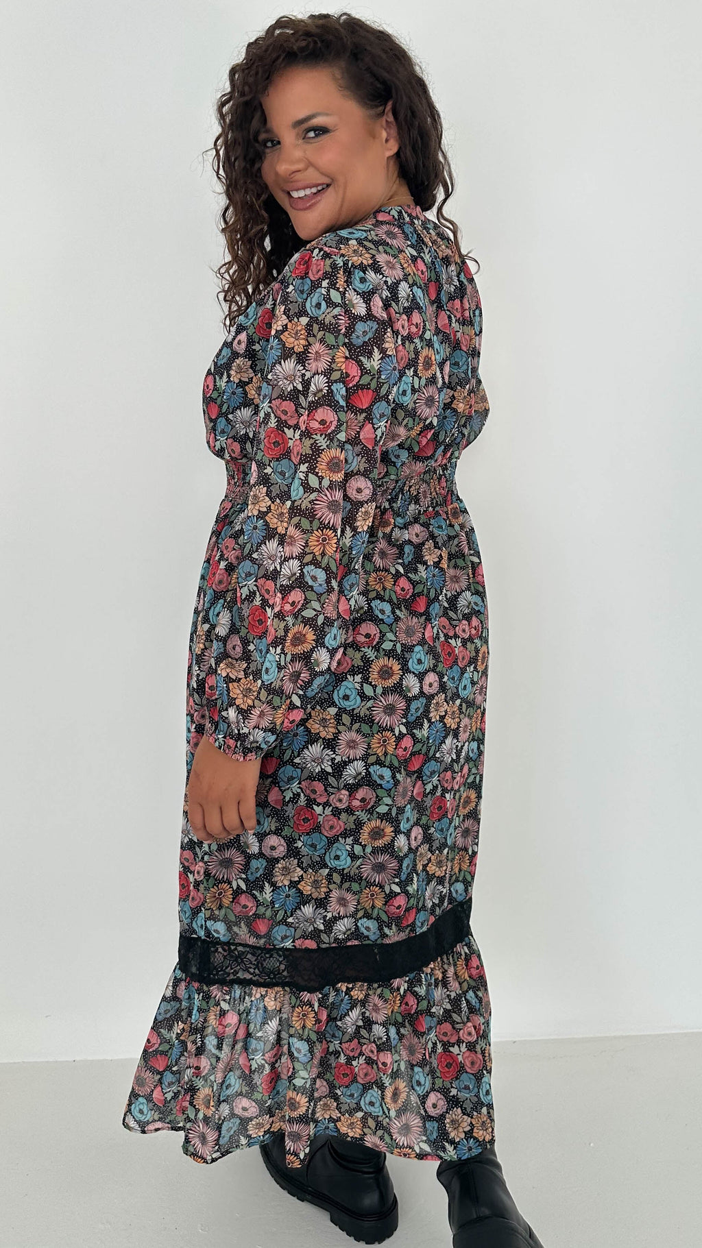 CurveWow Lace Insert Printed Midi Dress Multi Floral