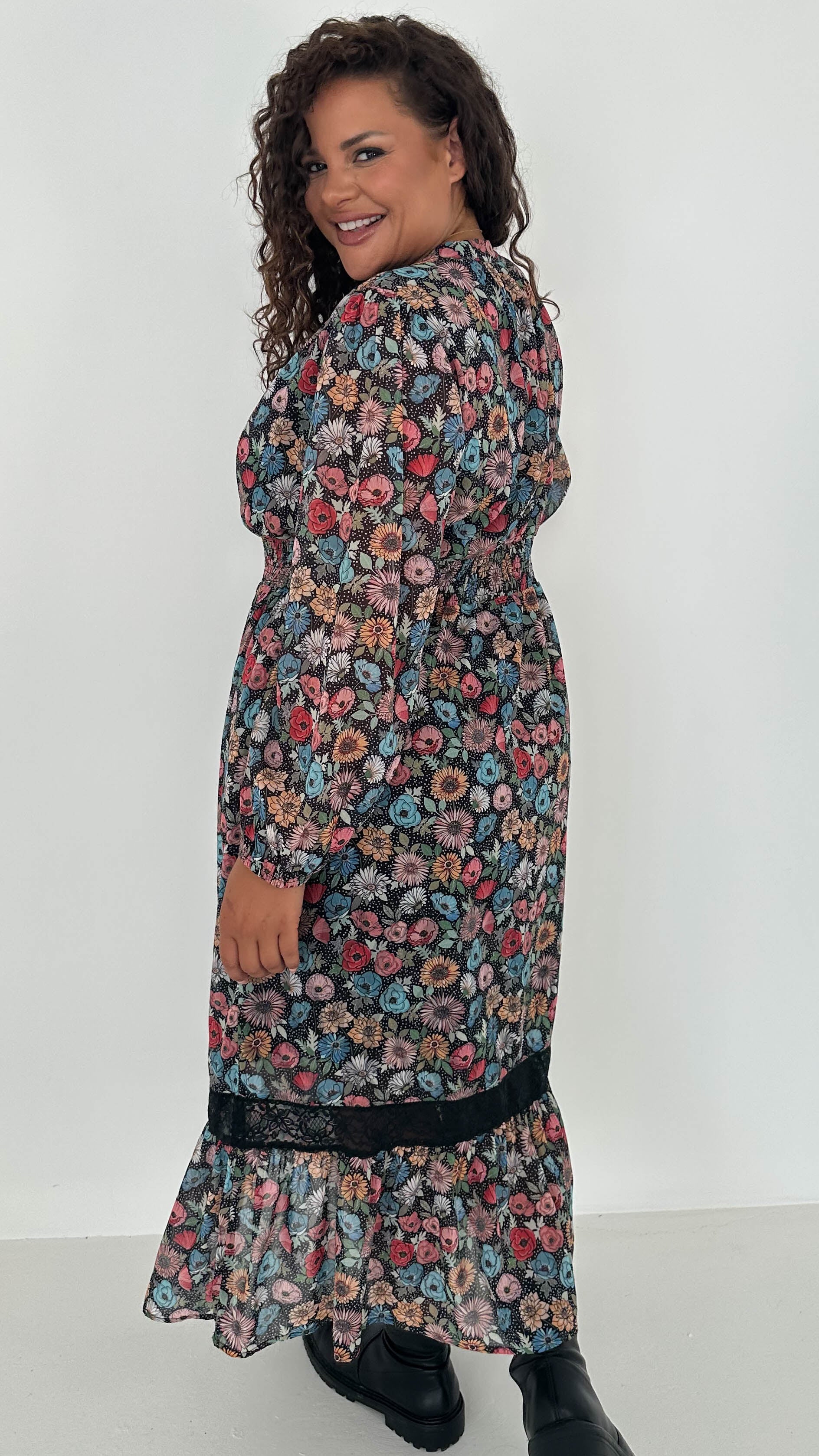 CurveWow Lace Insert Printed Midi Dress Multi Floral