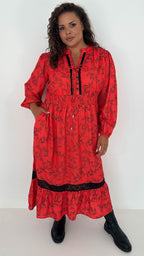 CurveWow Lace Insert Printed Midi Dress Red Leaf