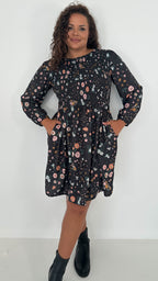 CurveWow Shirred Top Mini Dress Black Daisy