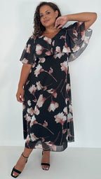 CurveWow Cape Frill Midaxi Dress Black Floral