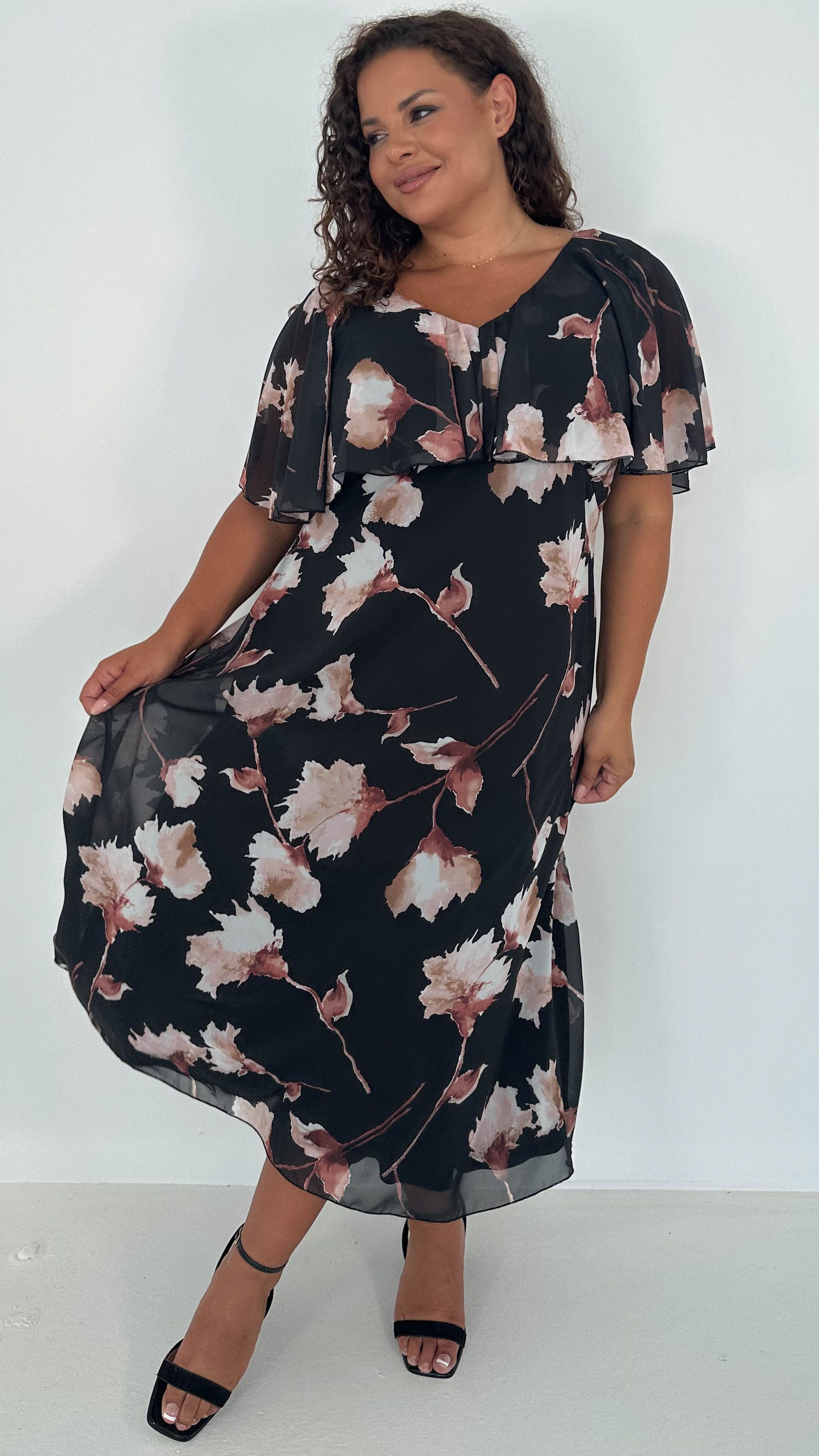 CurveWow Cape Frill Midaxi Dress Black Floral