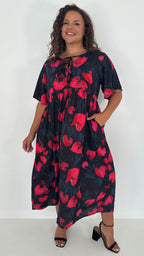 CurveWow Tied Bow Front Dress Black & Red Floral