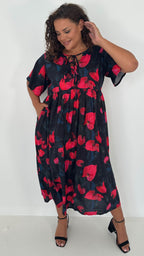 CurveWow Tied Bow Front Dress Black & Red Floral