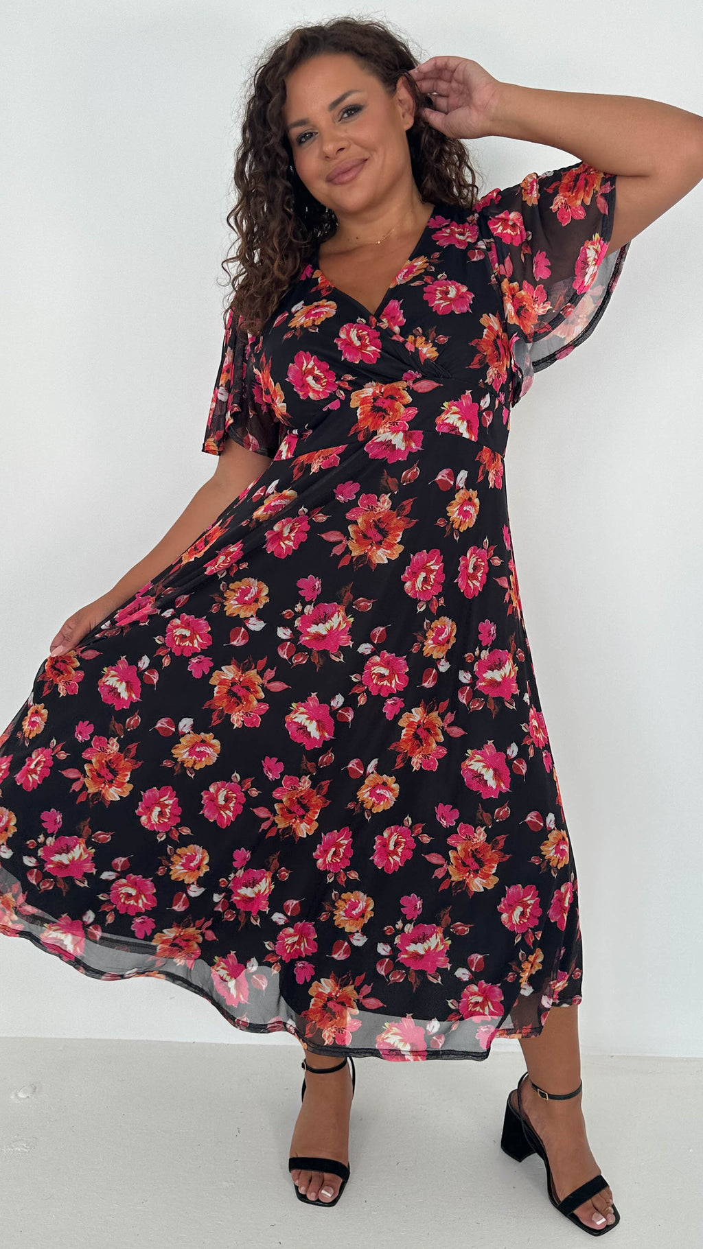 CurveWow Mesh Angel Sleeve Dress Black Pink Floral