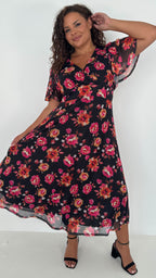 CurveWow Mesh Angel Sleeve Dress Black Pink Floral