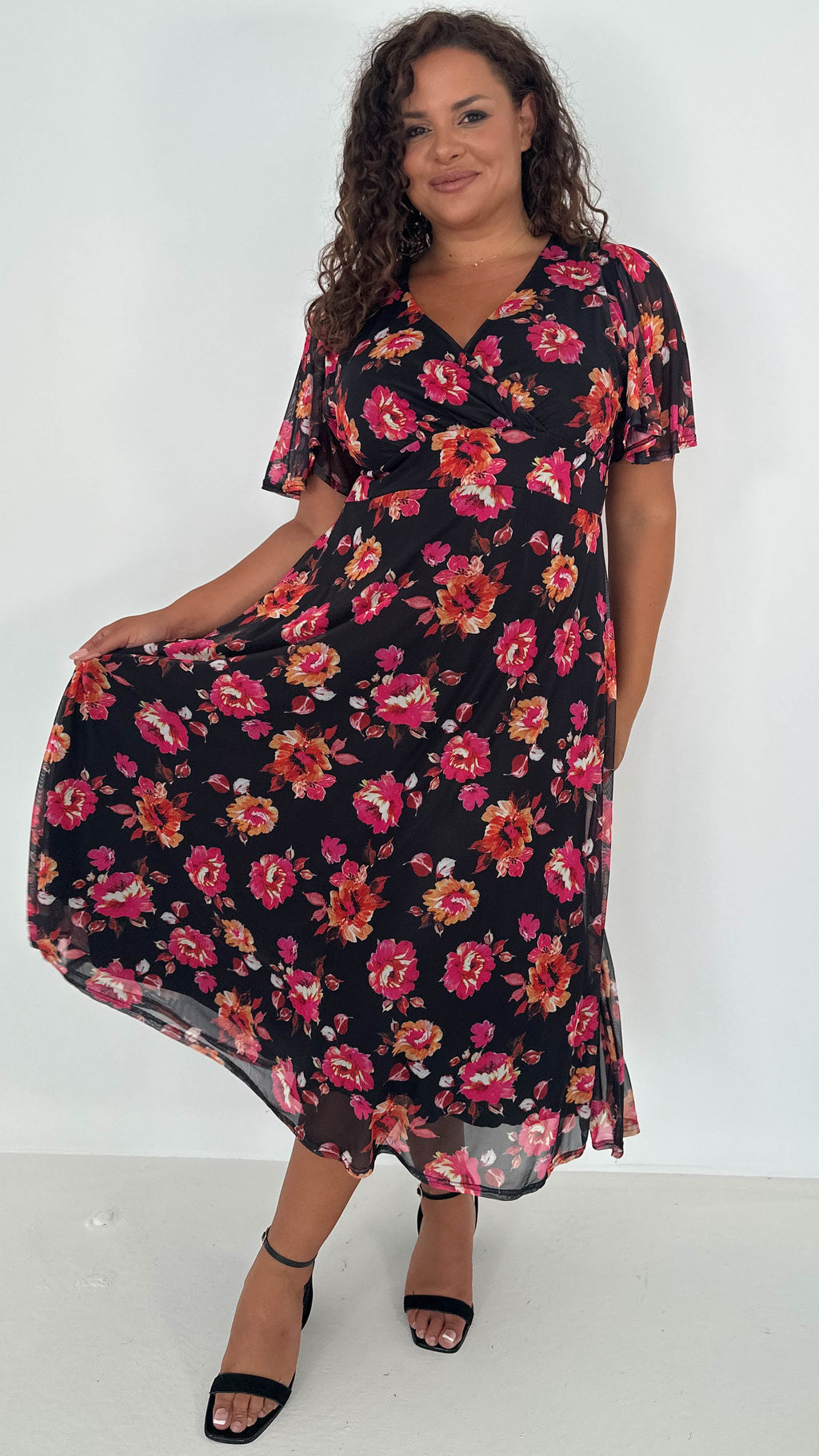 CurveWow Mesh Angel Sleeve Dress Black Pink Floral