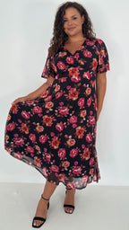 CurveWow Mesh Angel Sleeve Dress Black Pink Floral