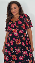 CurveWow Mesh Angel Sleeve Dress Black Pink Floral