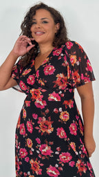 CurveWow Mesh Angel Sleeve Dress Black Pink Floral