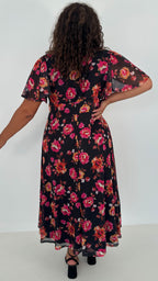 CurveWow Mesh Angel Sleeve Dress Black Pink Floral