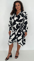 CurveWow Wrap Tie Side Midi Dress Mono Print