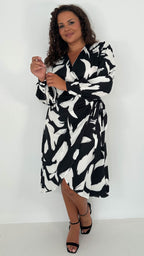 CurveWow Wrap Tie Side Midi Dress Mono Print
