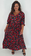 CurveWow Tiered Vneck Balloon Sleeve Maxi Dress Black Multi