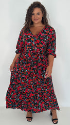 CurveWow Tiered Vneck Balloon Sleeve Maxi Dress Black Multi