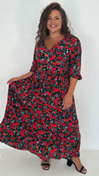 CurveWow Tiered Vneck Balloon Sleeve Maxi Dress Black Multi