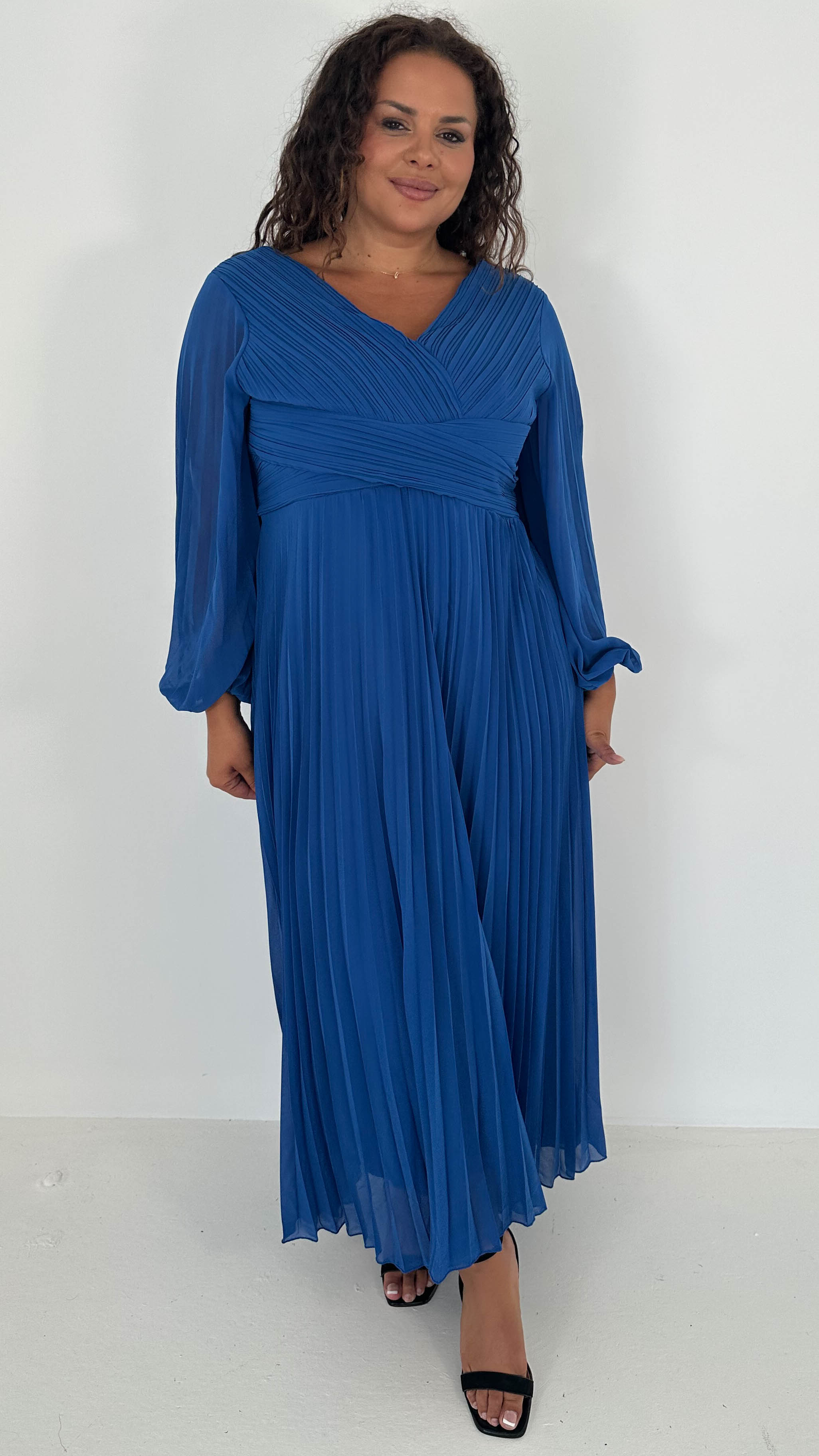 CurveWow Pleated Wrap Maxi Dress Blue