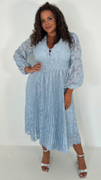 CurveWow V-Neck Pleated Dress Blue