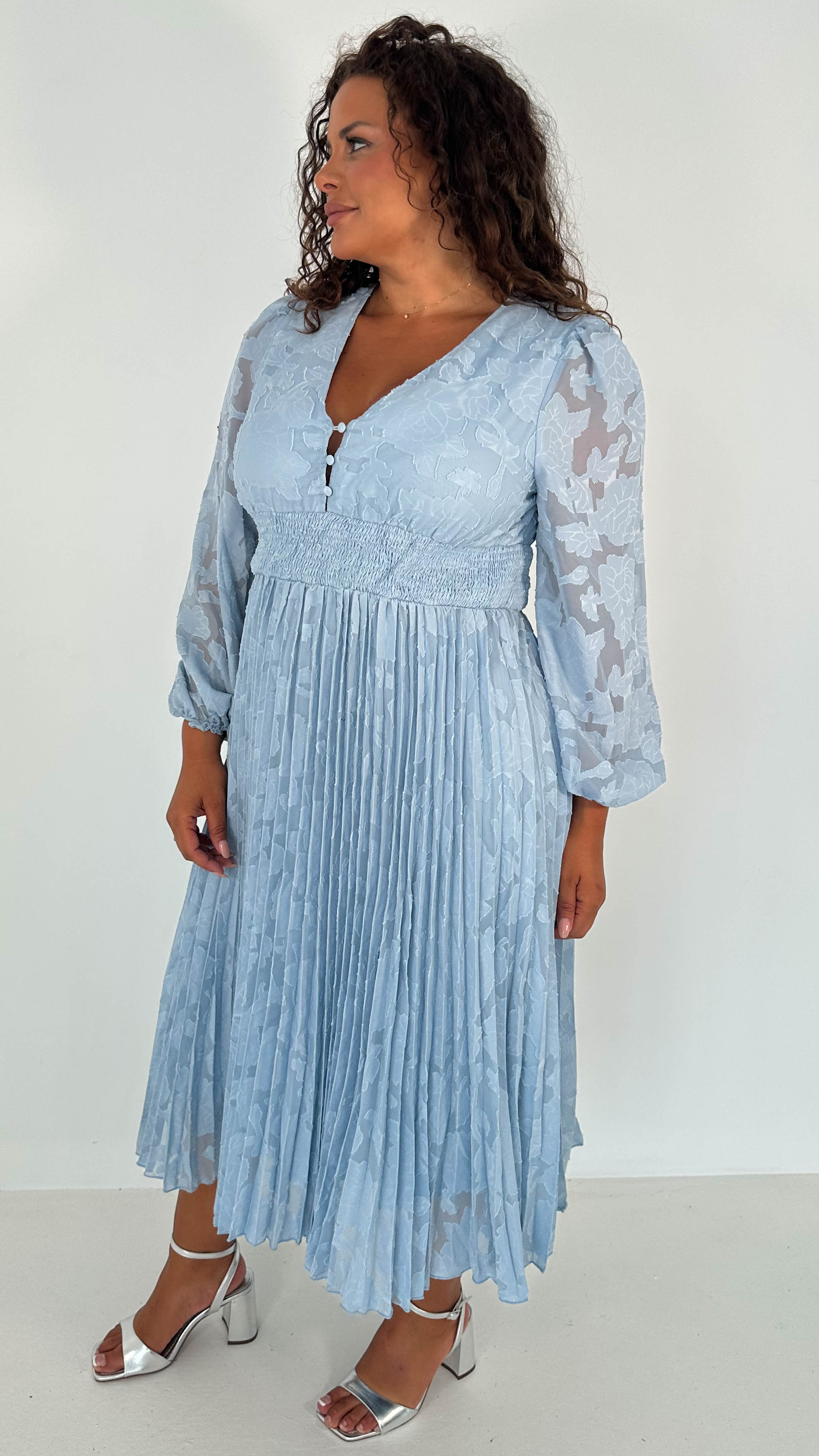 CurveWow V-Neck Pleated Dress Blue